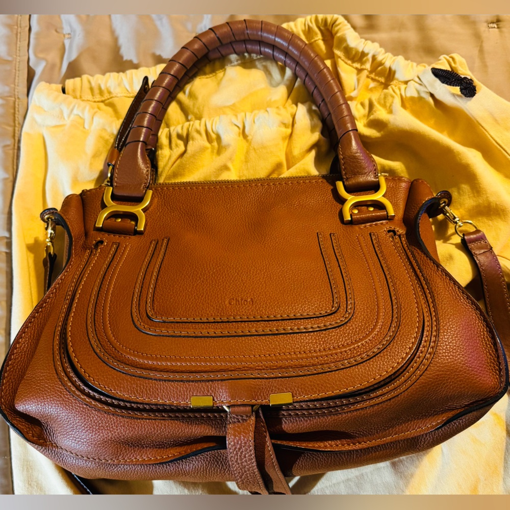 Chloe Marcie Satchel in Tan Grained Leather with Gold Accents